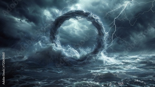 A tempestuous ocean with a swirling water portal under a lightning-struck sky.