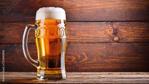 Mug of beer on a wooden background. Beer in a glass.