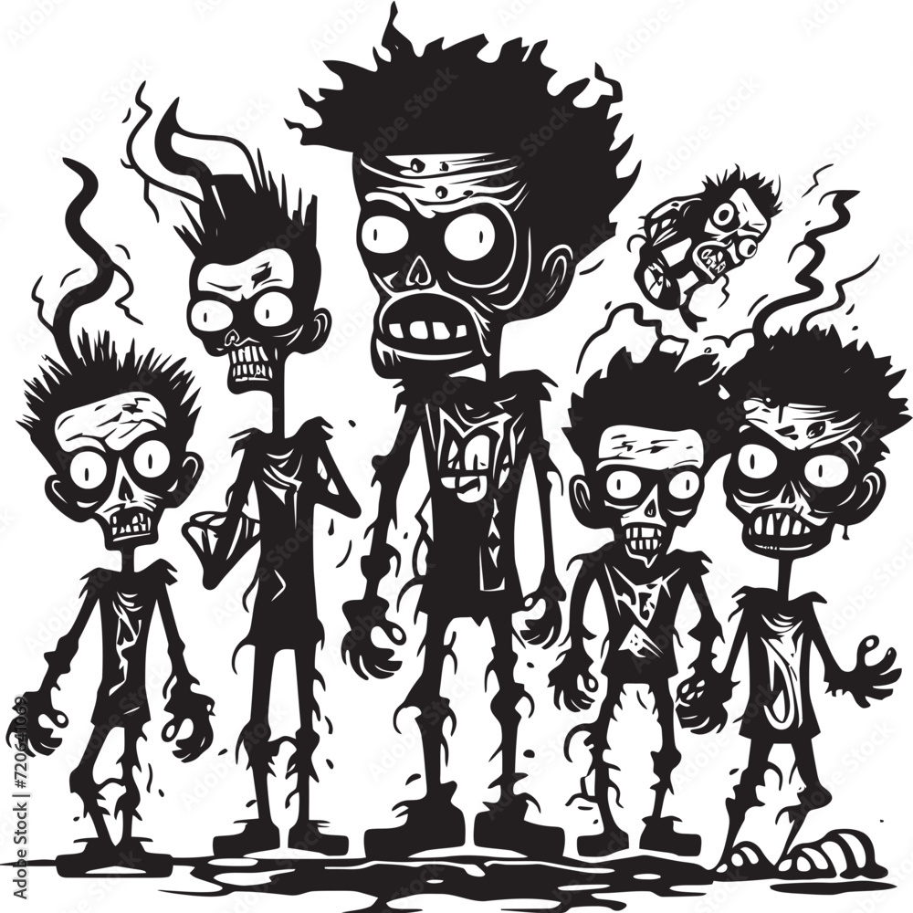 Fototapeta premium Cartoonish Cadavers Clan Zombies Vector Logo Design Monster Mash Doodles Zombie Group Design Element