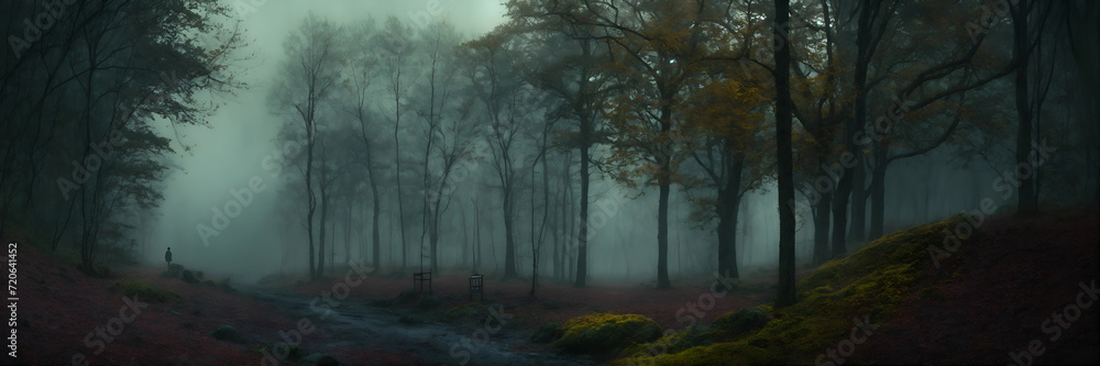 Scary forest with fog. Fog in the forest Scary forest with fog. Fog in the forest