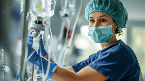 healthcare professional managing an IV drip bag