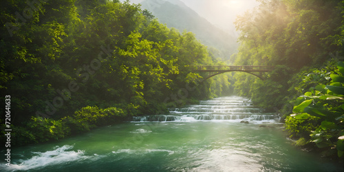 A beautiful mountain river with rapids and a bridge