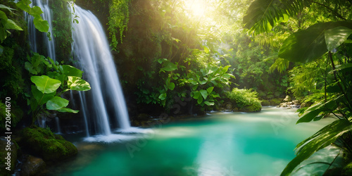 Waterfall And Exotic Plants In Tropics