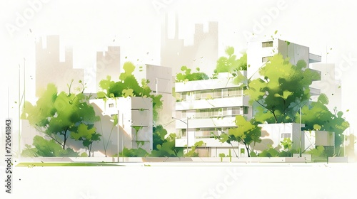 Ethereal urban landscape with contemporary buildings amidst lush greenery.