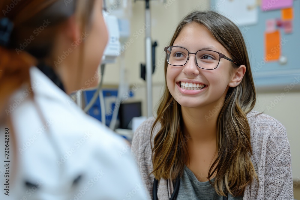 Fototapeta premium The young adult female patient smiles while listening to the nurse give an encouraging update regarding her medical exam that was recently completed. 
