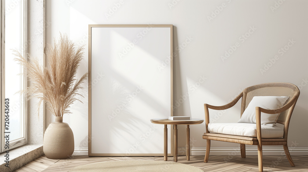 Frame mockup in Scandinavian living room interior, 3d render, with a blank white picture frame leaning against a table Frame mockup in Scandinavian living room interior, 3d render, with a blank white picture frame leaning against a table
