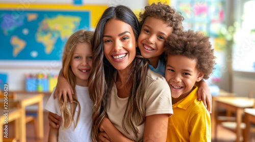 female teacher is being hugged joyfully by two young children photo