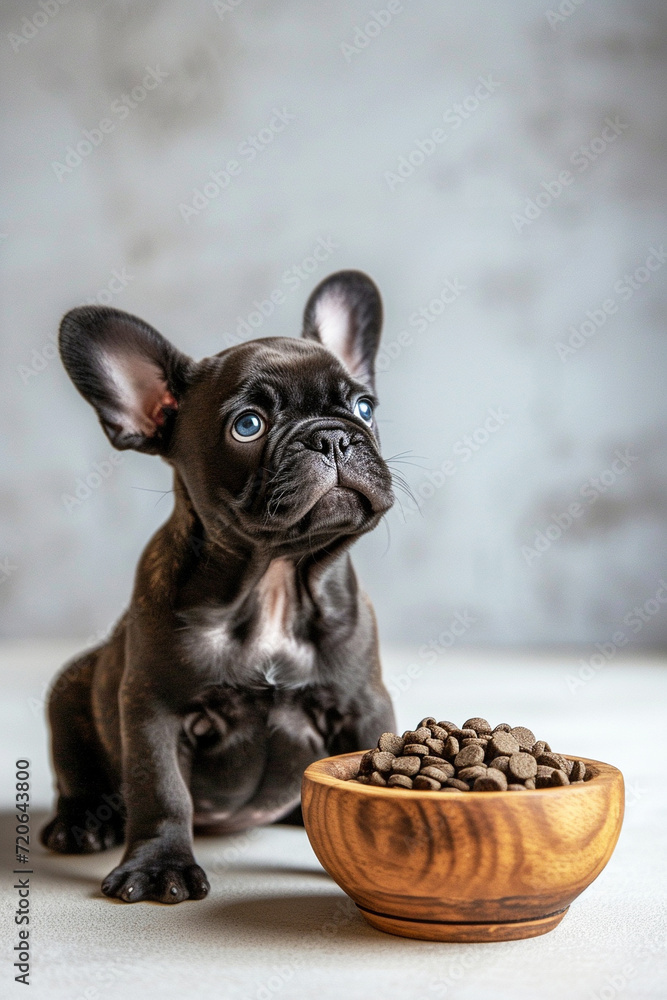 A cute black French bulldog puppy sits on the floor next to a wooden bowl with dry food against a gray wall and looks up. Vertical format. Animal care concept