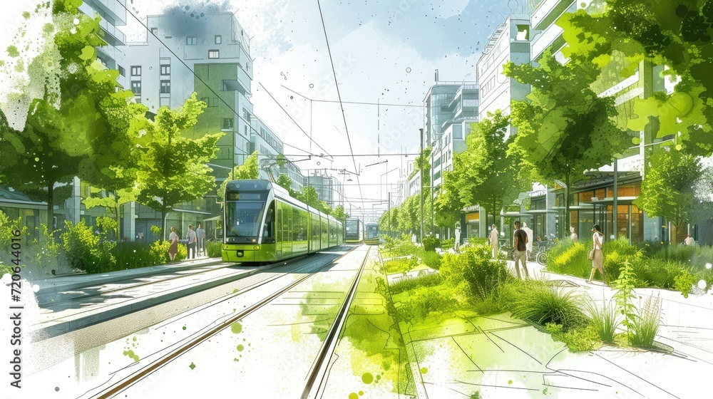 Vivid illustration of a green tram moving through a city.