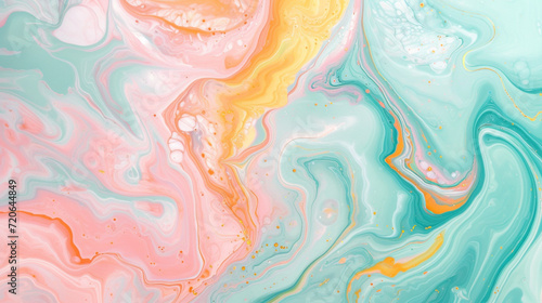 Pastel pink, mint green, light blue, yellow and orange marble background