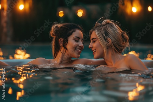 Two beautiful young women enjoying and relaxing in SPA hot tube.