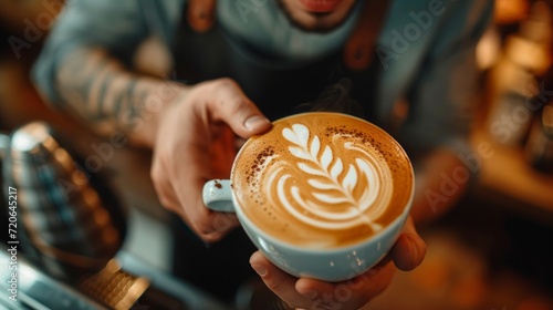 A young handsome barista in a coffee shop makes a beautiful cappuccino with a pattern of a leaf shape