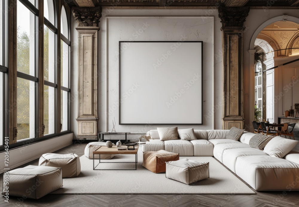 a room that has a large blank picture wall behind couches in the center a room that has a large blank picture wall behind couches in the center