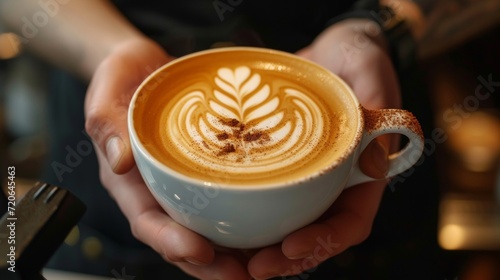 A young handsome barista in a coffee shop makes a beautiful cappuccino with a pattern of a leaf shape