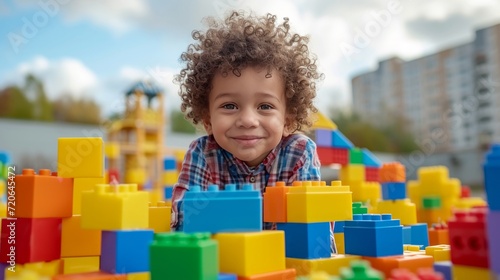 A three-year-old boy built a house from multi-colored cubes