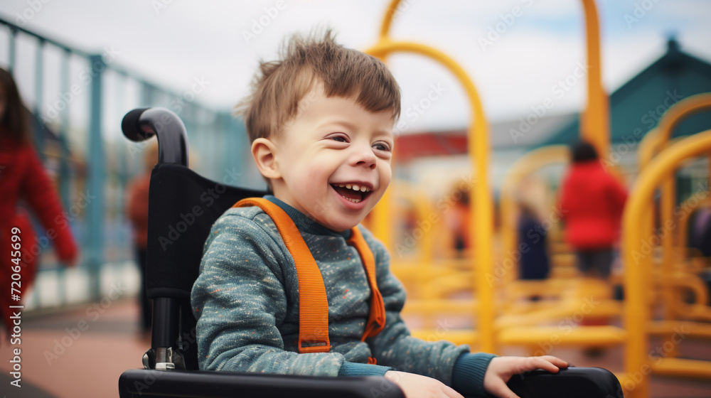 Autistic spectrum disorder child smiles with wheelchair on the