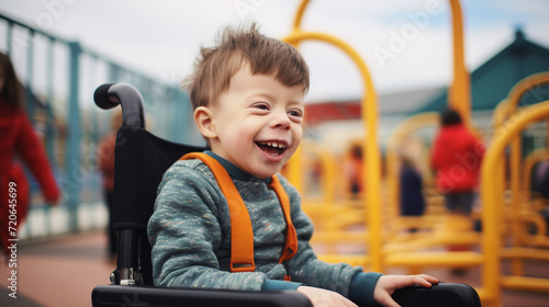 Autistic spectrum disorder child smiles with wheelchair on the playground photo