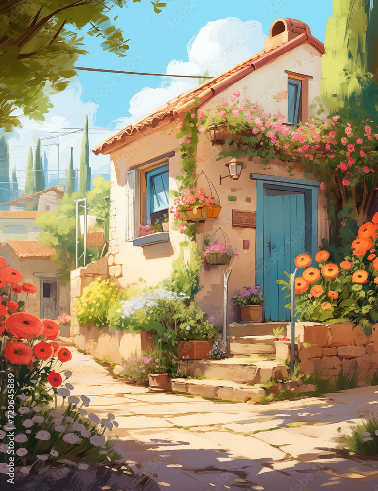 an anime village with a little house and flowers