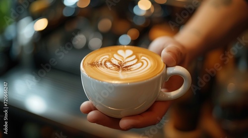 A young handsome barista in a coffee shop makes a beautiful cappuccino with a pattern of a leaf shape