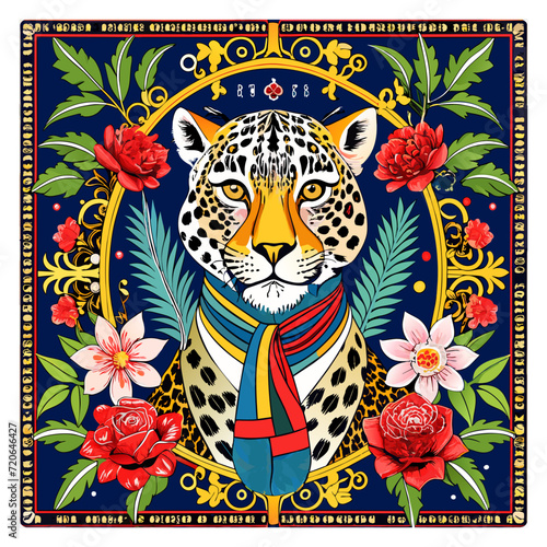 Baroque Dream on a Scarf  Dance of Leopard Patterns and Colorful Flowers