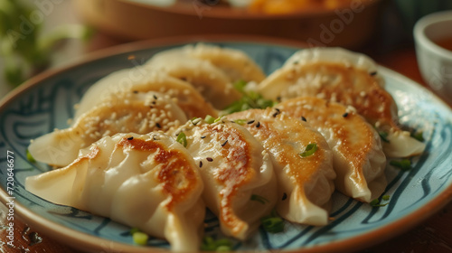 gyoza, illustration for restaurant menus, famous Asian dishes, unusual antique backgrounds, and fried dumplings.