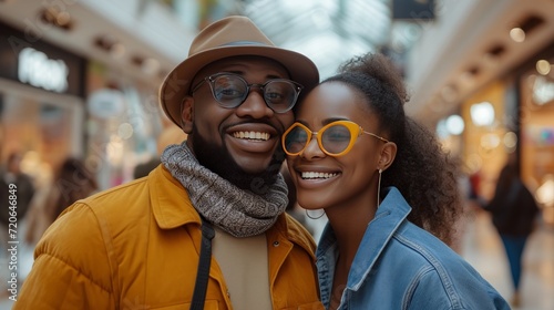 A woman and her boyfriend are all smiles as they enjoy a day of shopping together at the mall