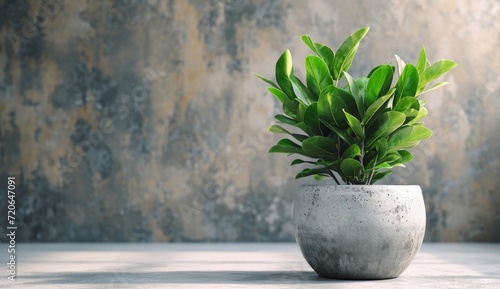 a pot of green plants against a concrete wall
