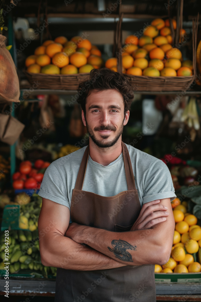Caucasian male fruit vendor folds his arms over his chest with confidence.