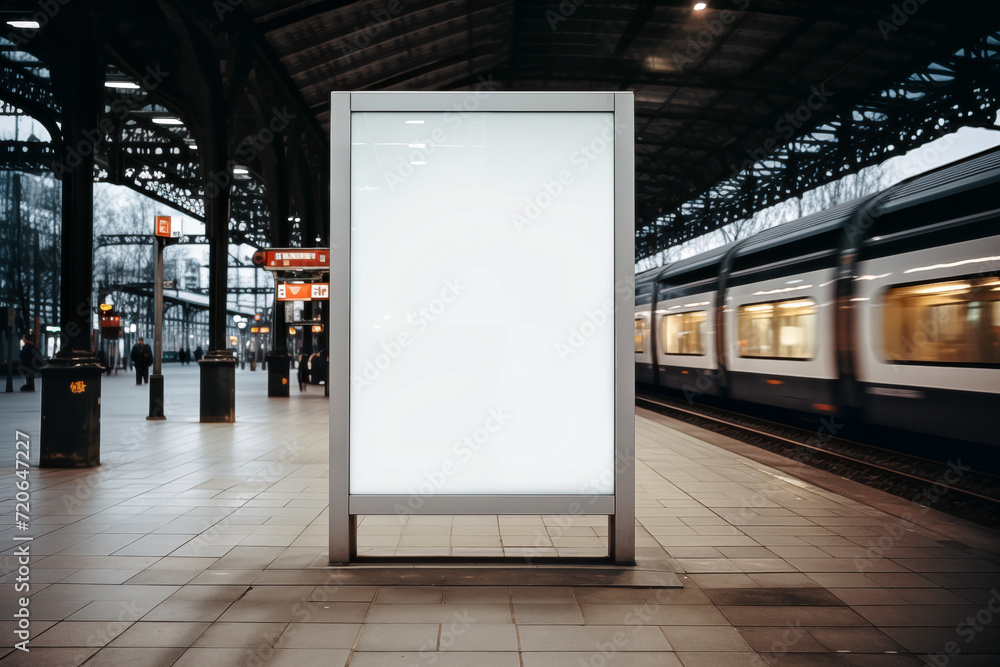 Blank white billboard on platform of railway station. Mock up - obrazy, fototapety, plakaty 