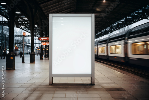 Blank white billboard on platform of railway station. Mock up