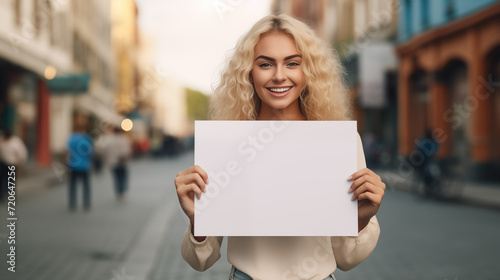  young woman holds up a blank sign in a city street