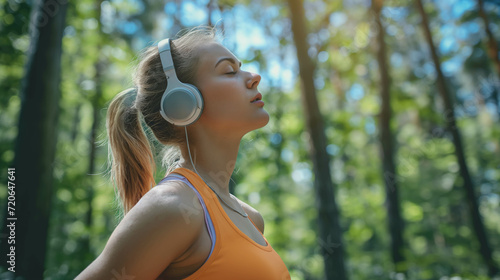Caucasian woman in exercise clothes listening to music in the park.