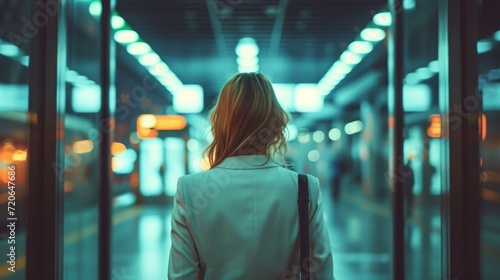 A Young Businesswoman Walking Through a Train Station Gate
