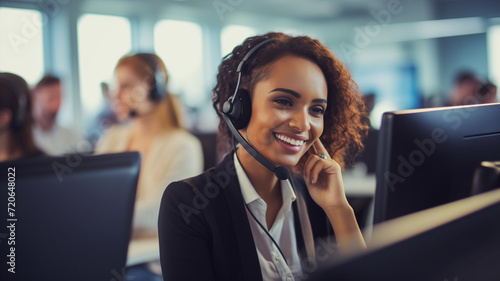 a woman who is working on a call center wearing headphones