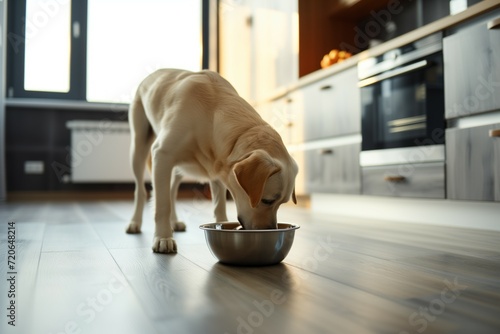 Labrador Eating from Bowl in Kitchen