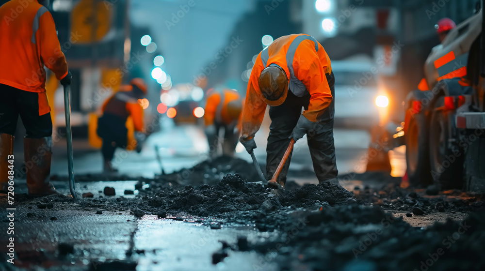 Naklejka premium Workers are repairing roads in the city.