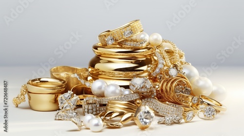 Luxury gold jewelry pile collection on a white background. Created with Generative AI