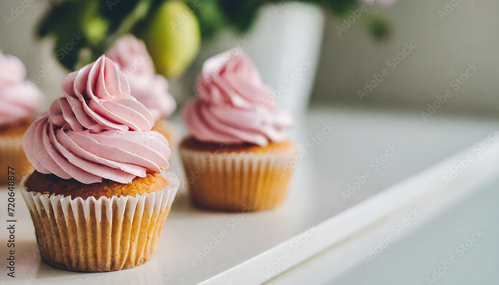 Delicious Pink Cupcake Banner on a White Kitchen Counter with Space for Copy