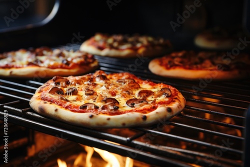 Pizzas with various toppings cooking in a wood-fired oven
