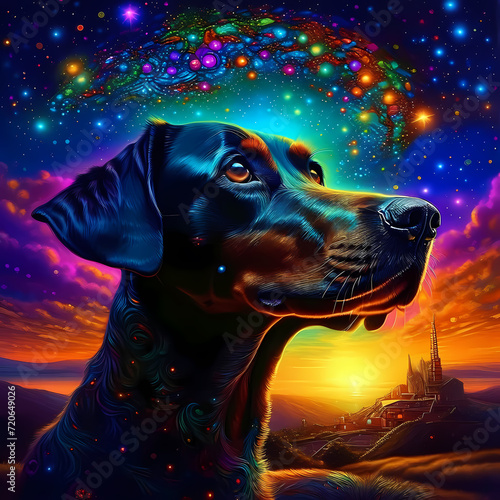Futuristic dog doberman in a fantasy space world, night light, neon flashes