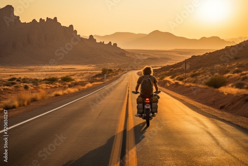 Rear view of man riding motorcycle by the scenic road and sunrise on background © Kristina
