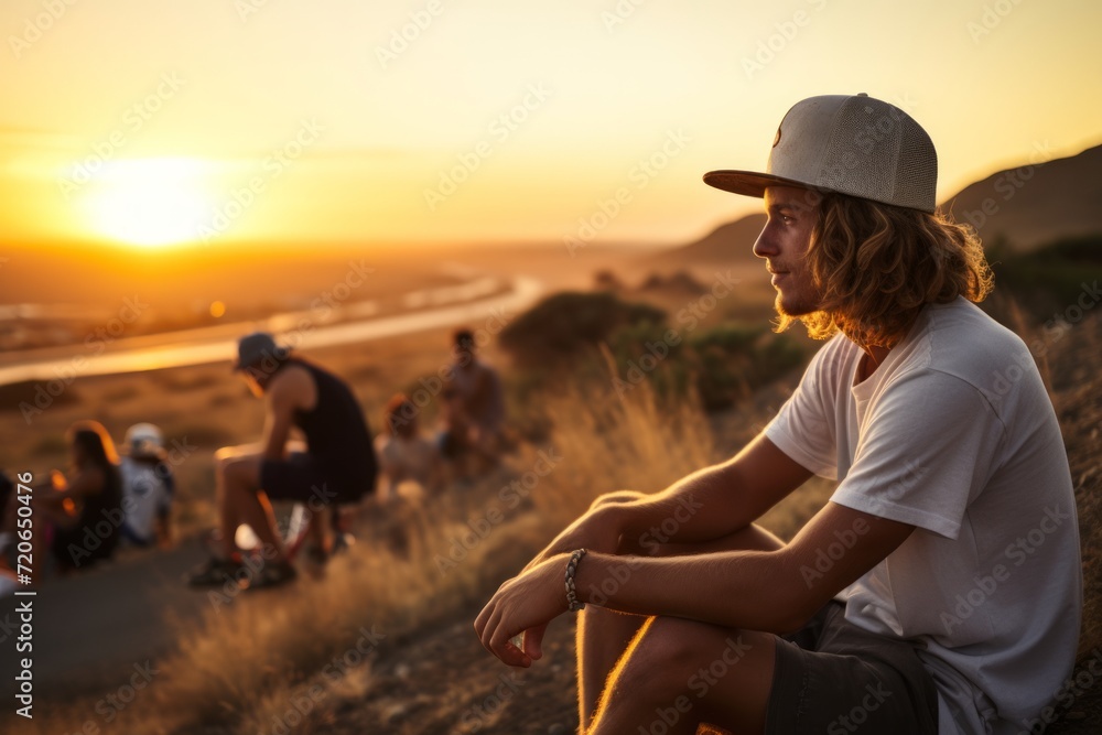 Confident young male traveler enjoying scenic sunset while sitting on the hill with friends together