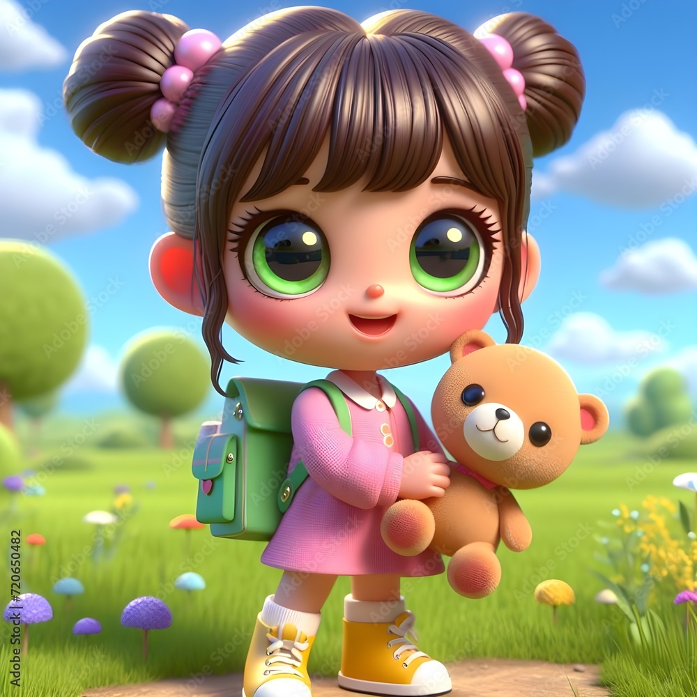 Cartoon character of girl with teddy bear Cartoon character of girl with teddy bear