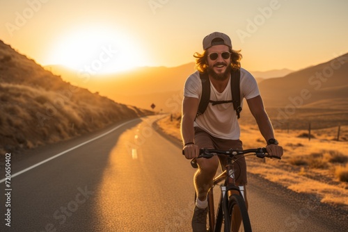 Smiling young man with backpack riding bicycle by the scenic toad with sunset on background photo
