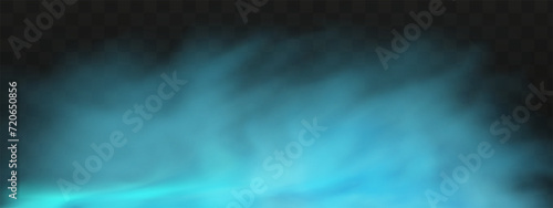 Blue magical fog over the ground.Illustration of night transparent clouds and fog over the river. Realistic neon magic mist steam on a transparent dark background.