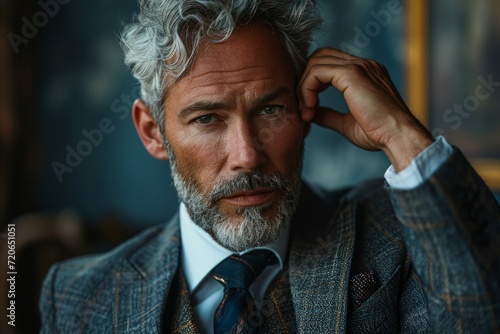 Portrait of handsome mature man with beard wearing luxury suit with necktie photo