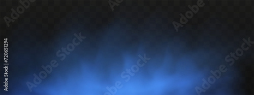 Blue magical fog over the ground.Illustration of night transparent clouds and fog over the river. Realistic neon magic mist steam on a transparent dark background.