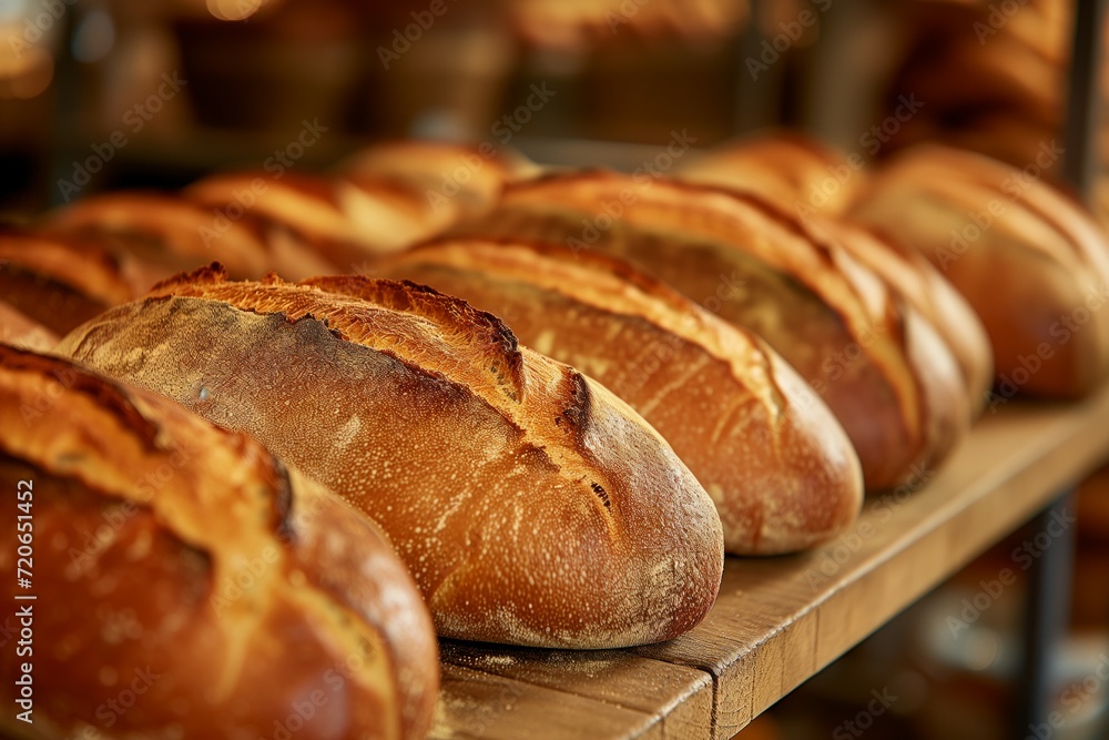 Artisanal Bread Loaves on Wooden Shelf