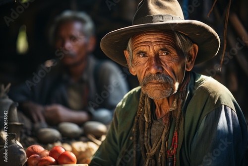 Old Mexican man in hat selling organic vegetables on local market