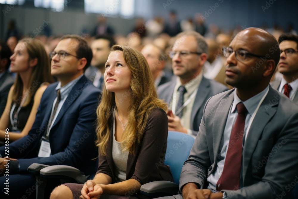 Group of people in formalwear sitting in a row during business conference in convention center Group of people in formalwear sitting in a row during business conference in convention center